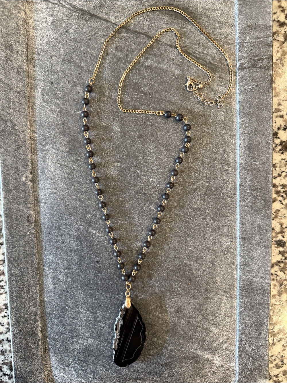 Gold and Black Agate Pendant Necklace